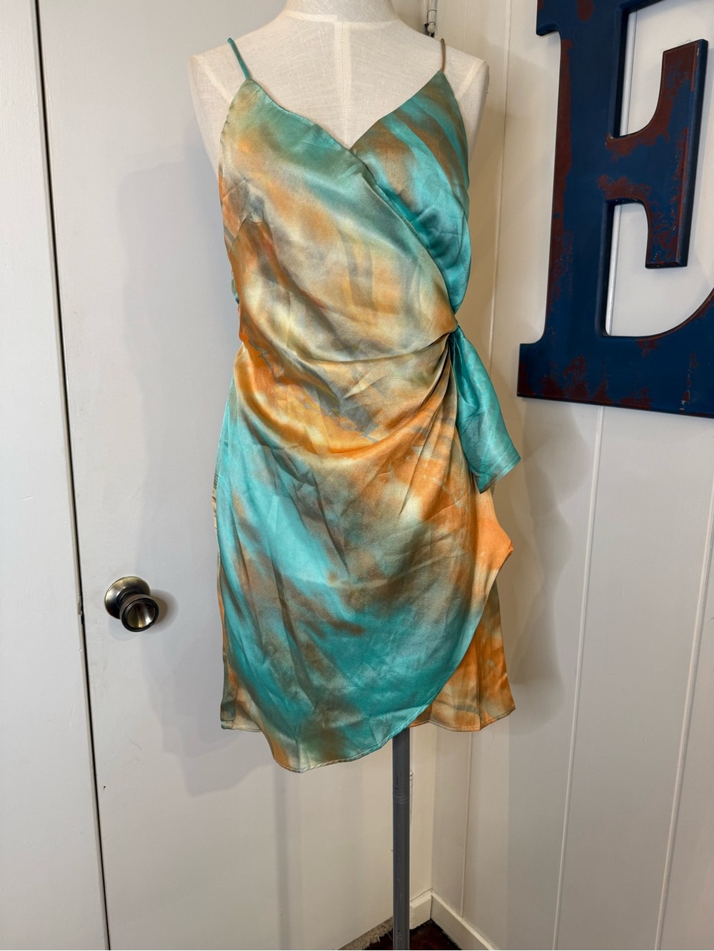 Hello Molly Silky Tie-Waist Slip Dress in Teal & orange women size Large NWT
